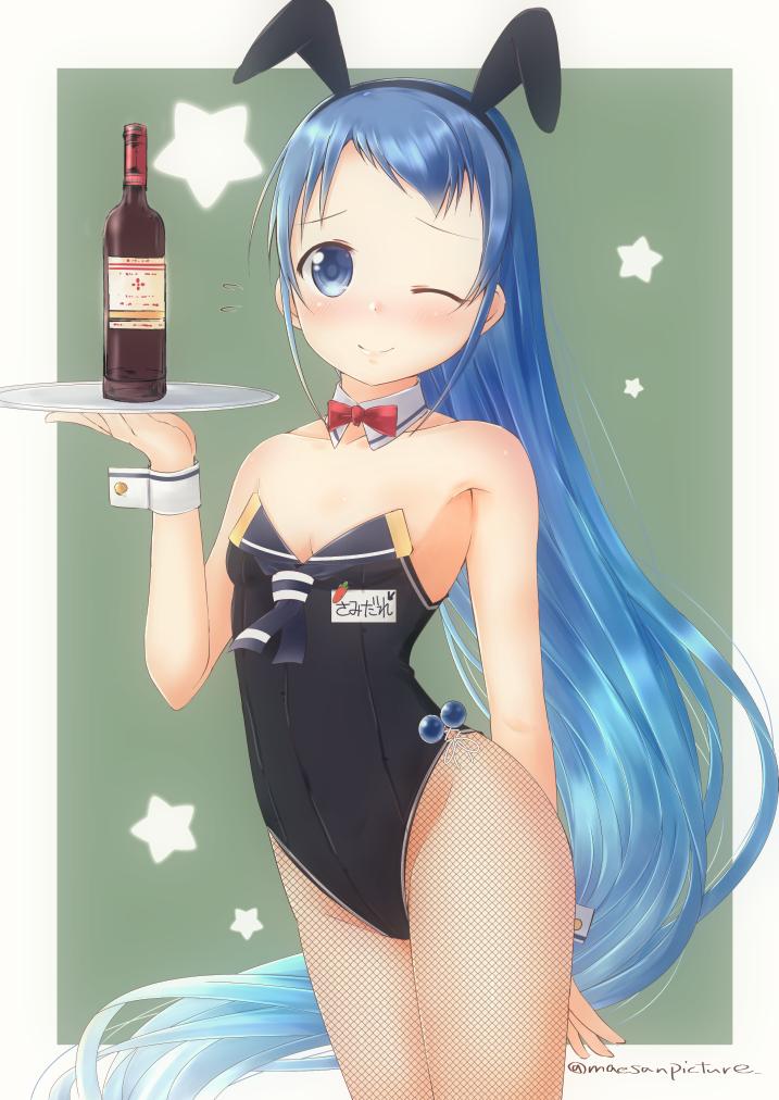 1girl animal_ears artist_name bangs bare_arms bare_shoulders black_leotard blue_eyes blue_hair blush bottle breasts bunnysuit collar commentary_request detached_collar fake_animal_ears fishnet_pantyhose fishnets green_background holding holding_tray kantai_collection leotard long_hair mae_(maesanpicture) name_tag one_eye_closed pantyhose rabbit_ears samidare_(kantai_collection) simple_background small_breasts solo star strapless strapless_leotard swept_bangs tray very_long_hair wrist_cuffs