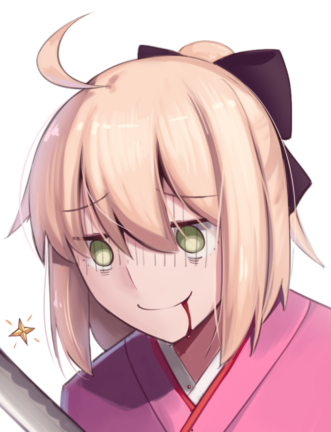 1girl ahoge black_ribbon blonde_hair blood blood_from_mouth boa_(brianoa) fate/grand_order fate_(series) green_eyes hair_between_eyes hair_ribbon japanese_clothes katana kimono okita_souji_(fate) okita_souji_(fate)_(all) ribbon shaded_face short_hair solo sword type-moon weapon white_background