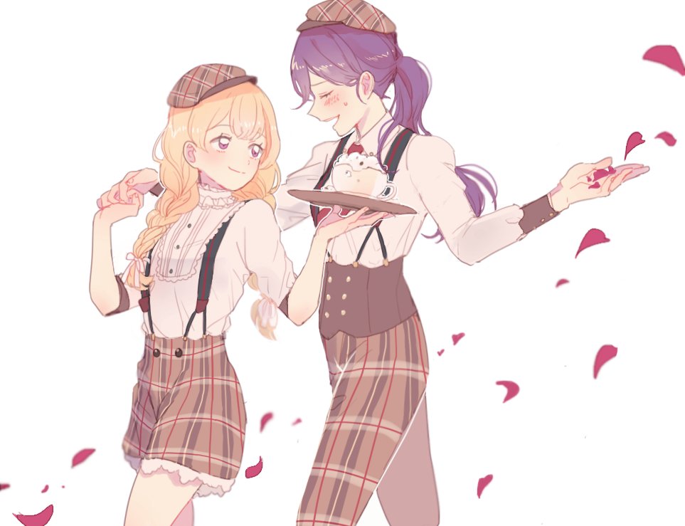 2girls alternate_hairstyle bang_dream! bangs blonde_hair blush braid commentary_request corset frilled_shirt_collar frills hair_ribbon holding holding_hands holding_tray korean_commentary long_hair looking_at_another looking_back multiple_girls pants petals plaid plaid_hat plaid_pants plaid_skirt ponytail purple_hair res2shuu ribbon seta_kaoru shirasagi_chisato shirt simple_background skirt suspenders sweatdrop tray twin_braids violet_eyes walking white_background white_ribbon white_shirt yuri