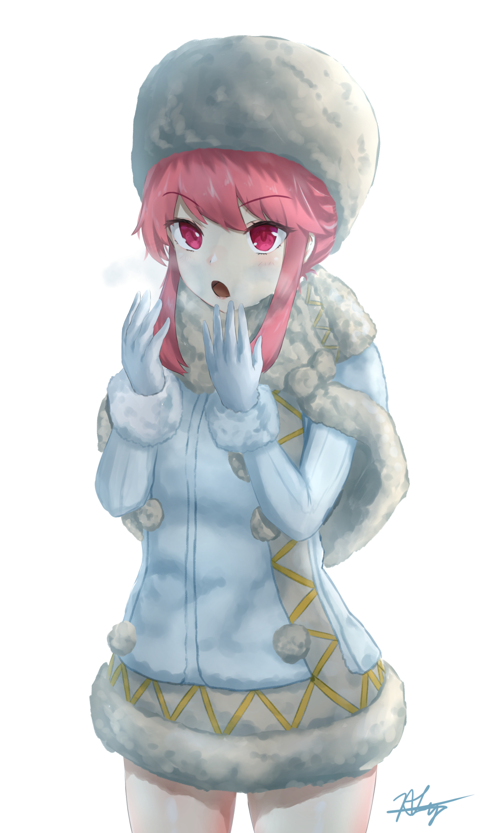 1girl :o blush chaciooh commentary_request eyebrows_visible_through_hair fur_trim gloves hat highres jacket jakuzure_nonon kill_la_kill looking_at_viewer pink_eyes pink_hair signature simple_background solo white_background white_gloves white_jacket winter_clothes