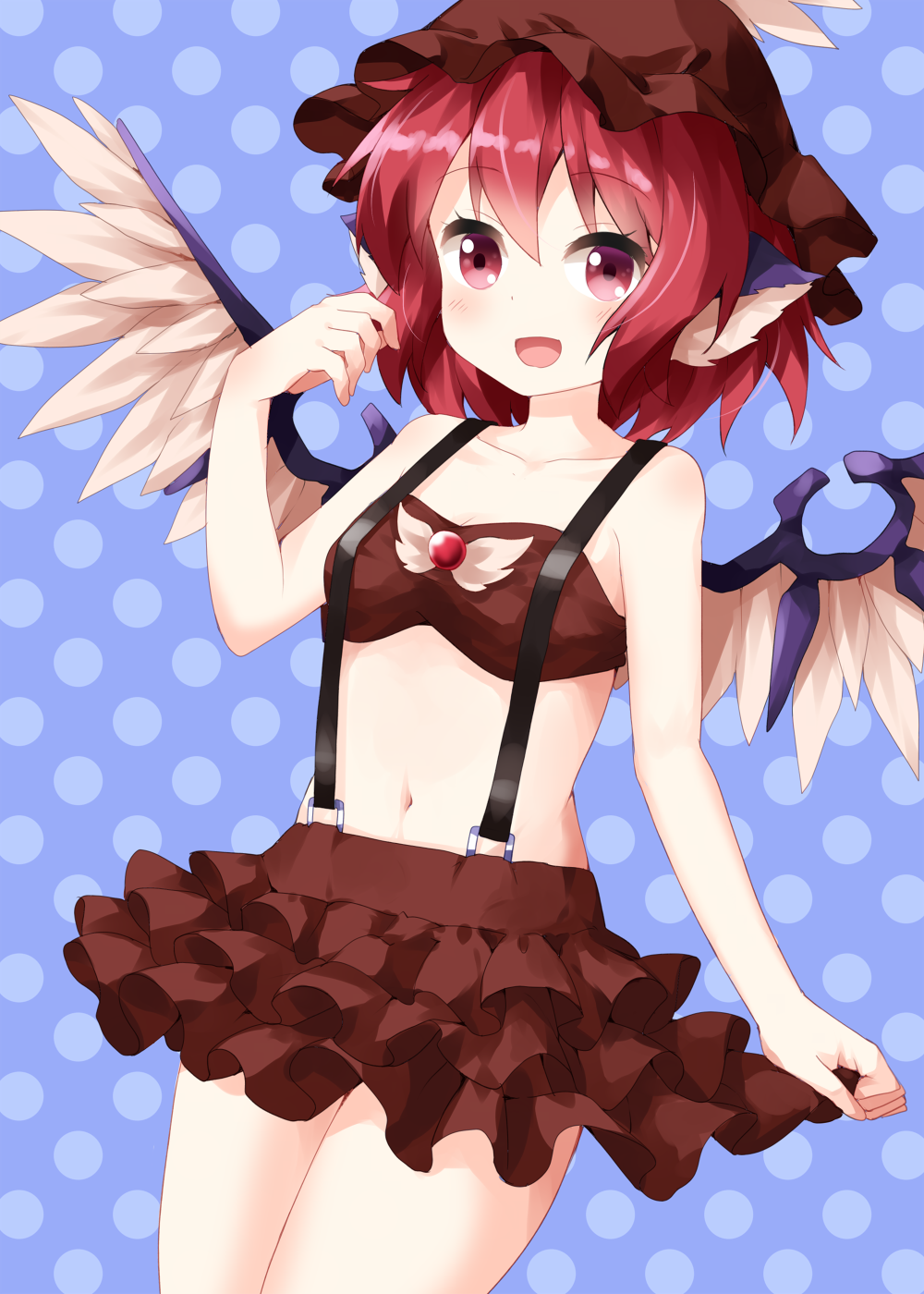 1girl :d bandeau bangs bare_arms bare_shoulders bikini bikini_skirt blue_background blush breasts brown_bikini brown_headwear brown_skirt collarbone commentary_request cowboy_shot eyebrows_visible_through_hair feathered_wings hair_between_eyes hand_up hat head_wings highres looking_at_viewer mob_cap mystia_lorelei navel open_mouth pink_eyes pink_hair polka_dot polka_dot_background ruu_(tksymkw) short_hair skirt small_breasts smile solo standing stomach strapless strapless_bikini suspender_skirt suspenders swimsuit thighs touhou wings