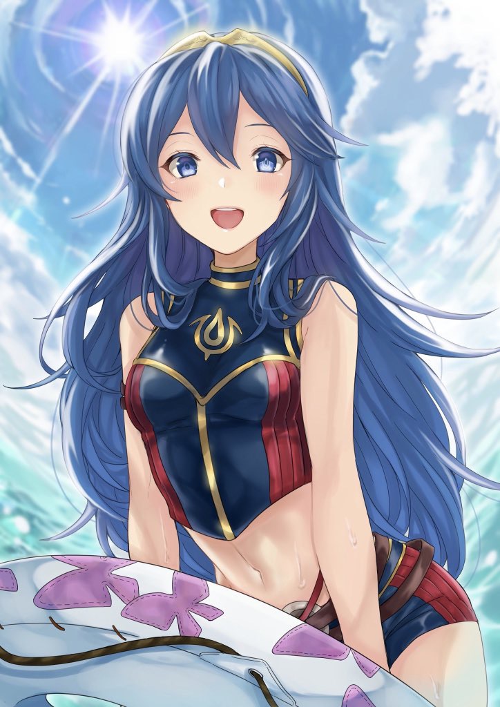 1girl :d akina_(akn_646) bangs bare_arms bare_shoulders belt blue_eyes blue_hair blue_sky blush bra breasts butterfly_print commentary_request day fire_emblem fire_emblem:_kakusei fire_emblem_awakening fire_emblem_cipher hair_between_eyes hair_ornament hybrid_swimsuit innertube intelligent_systems long_hair looking_at_viewer lucina lucina_(fire_emblem) moe navel nintendo open_mouth outdoors shorts simple_background sky smile solo sun sweat swimsuit symbol_in_eye tareme tiara underwear upper_teeth very_long_hair