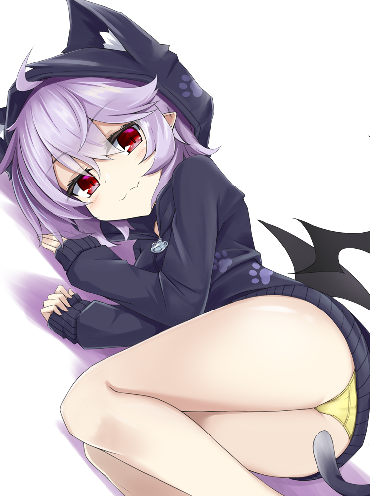 1girl :3 akisome_hatsuka animal_hood ass blush cat_hood commentary_request dutch_angle hood hoodie long_sleeves looking_at_viewer lying on_side panties paw_print pointy_ears purple_hair red_eyes remilia_scarlet solo touhou underwear white_background yellow_panties