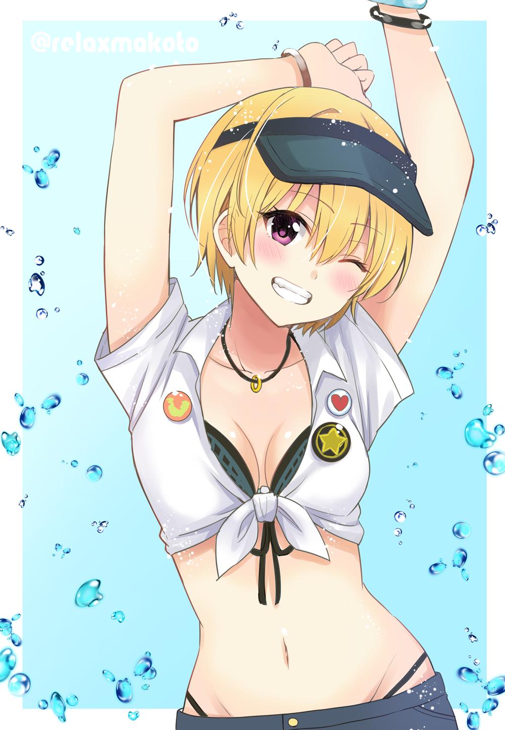 1girl arms_up badge bikini bikini_under_clothes blonde_hair blue_background blush bracelet button_badge collarbone collared_shirt commentary_request front-tie_bikini front-tie_top grin groin highres idolmaster idolmaster_shiny_colors jewelry looking_at_viewer midriff navel one_eye_closed panty_straps pendant saijou_juri sakurai_makoto_(custom_size) shirt short_hair short_sleeves smile solo swimsuit twitter_username upper_body violet_eyes visor_cap water_drop white_shirt