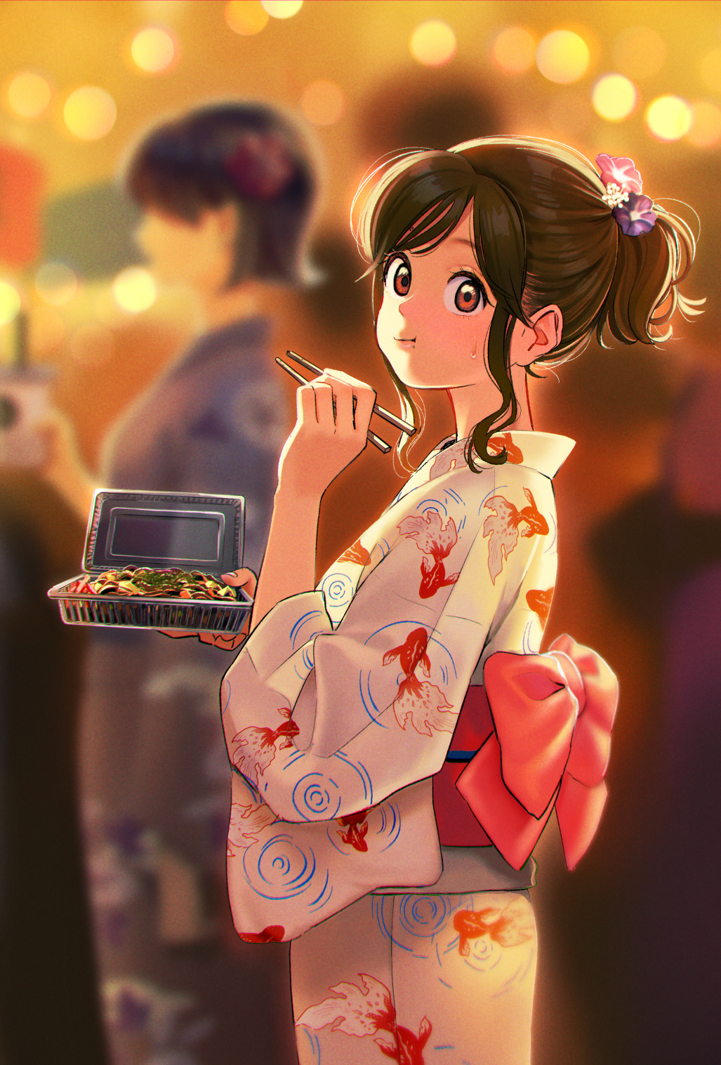 1girl animal_print backlighting brown_eyes brown_hair chopsticks commentary_request crowd eating fish_print flower food hair_flower hair_ornament highres japanese_clothes kimono looking_at_viewer nashigaya_koyomi night noodles obi original sash short_ponytail soba solo_focus standing sweatdrop white_kimono yukata