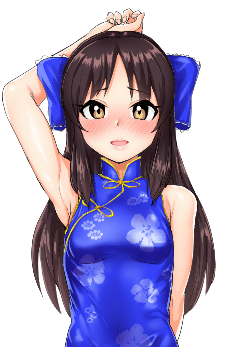 1girl :d alternate_costume arm_up armpits bare_shoulders blue_bow blue_dress bow brown_eyes brown_hair china_dress chinese_clothes covered_navel dress hair_bow half-closed_eyes highres idolmaster idolmaster_cinderella_girls long_hair looking_at_viewer open_mouth riking simple_background sleeveless sleeveless_dress smile solo tachibana_arisu upper_body white_background