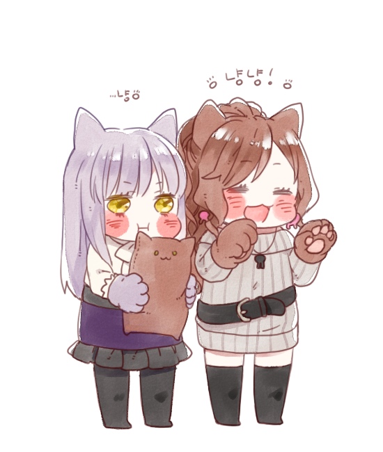 2girls :3 :d :i =_= animal_ears bang_dream! bangs belt black_legwear blush brown_hair cat_ears cat_pillow chibi dress earrings frilled_skirt frills full_body gloves grey_hair grey_sweater holding holding_pillow imai_lisa jewelry kamesuke_(turtle0124) kemonomimi_mode korean_text long_hair long_sleeves minato_yukina multiple_girls open_mouth paw_gloves paws pendant pillow purple_skirt ribbed_sweater shirt simple_background skirt smile sweater sweater_dress thigh-highs white_background white_shirt yellow_eyes