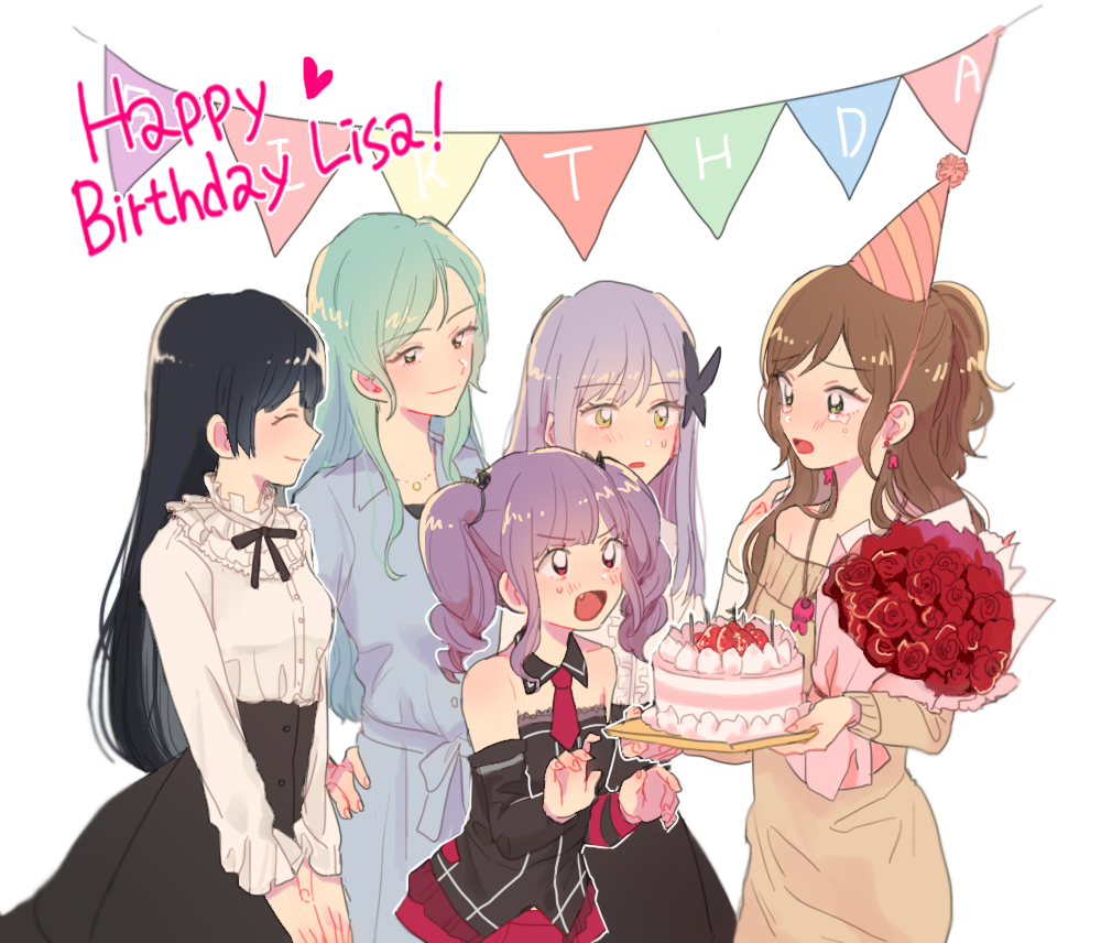 5girls ^_^ aqua_hair bang_dream! beige_sweater birthday_cake black_hair black_neckwear black_skirt blue_dress bouquet brown_hair butterfly_hair_ornament cake character_name closed_eyes commentary_request crying detached_sleeves dress earrings english_text flower food frilled_shirt_collar frills green_eyes grey_hair hair_ornament half_updo happy_birthday happy_tears hat heart high-waist_skirt hikawa_sayo imai_lisa jewelry korean_commentary long_sleeves minato_yukina multiple_girls neck_ribbon necktie open_mouth party_hat purple_hair red_flower red_neckwear red_rose res2shuu ribbon rose roselia_(bang_dream!) shirokane_rinko shirt sidelocks simple_background skirt smile string_of_flags sweatdrop sweater sweater_dress tears twintails udagawa_ako violet_eyes white_background white_shirt yellow_eyes