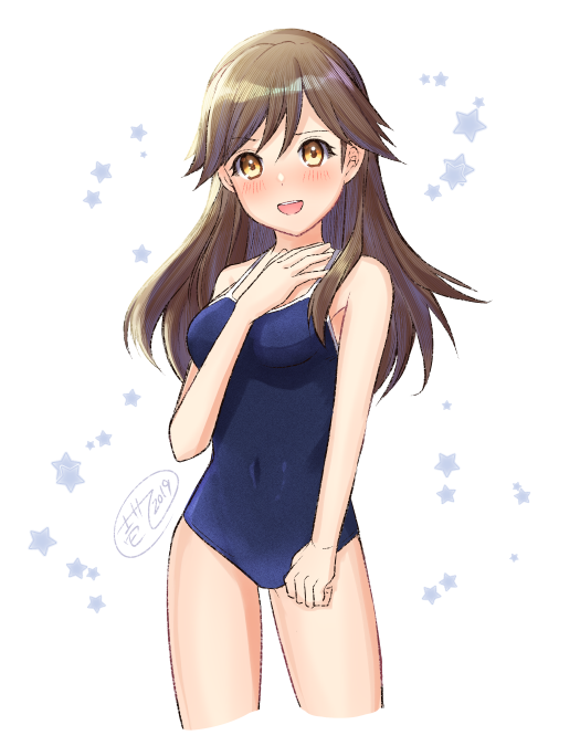 1girl arashio_(kantai_collection) blue_swimsuit blush breasts brown_eyes brown_hair competition_school_swimsuit eyebrows_visible_through_hair hair_between_eyes hand_on_own_chest ittokyu kantai_collection light_brown_eyes long_hair looking_at_viewer medium_breasts new_school_swimsuit one-piece_swimsuit open_mouth school_swimsuit simple_background smile solo standing star starry_background swimsuit white_background yellow_eyes