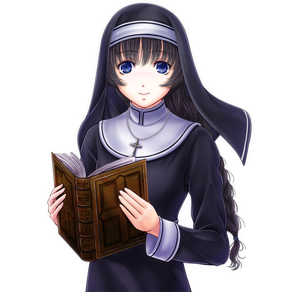 1girl bangs black_hair blue_eyes book braid cross cross_necklace habit holding holding_book i-mixs jewelry long_hair long_sleeves looking_at_viewer necklace nun open_book original smile solo upper_body