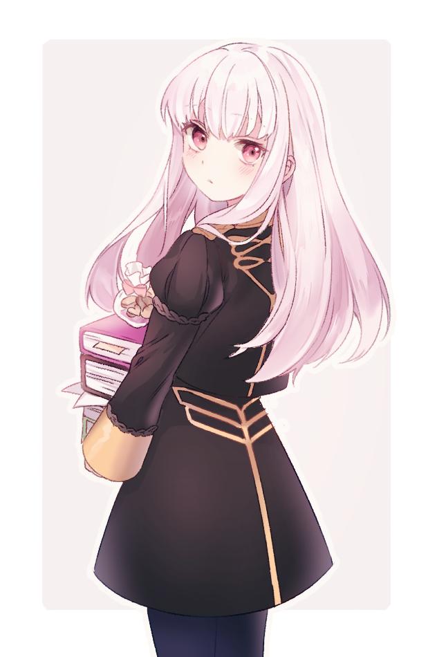 1girl artist_request bangs blush book epaulettes fire_emblem fire_emblem:_three_houses full_body jacket long_hair long_sleeves looking_at_viewer lysithea_von_ordelia pink_eyes simple_background solo uniform upper_body violet_eyes white_background white_hair