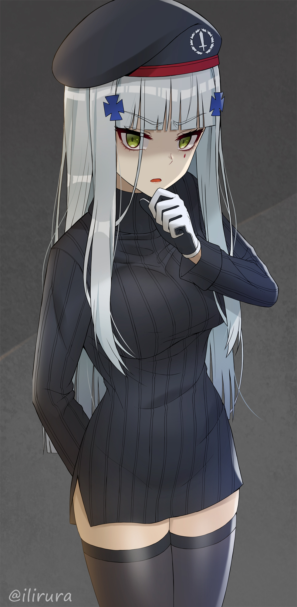 1girl bangs beret black_dress black_headwear black_legwear blunt_bangs breasts chin_grab dress eyebrows_visible_through_hair facial_mark girls_frontline gloves green_eyes hair_ornament hat highres hk416_(girls_frontline) long_hair long_sleeves looking_at_viewer medium_breasts open_mouth ribbed_dress s-goon shaded_face side_slit silver_hair solo sweater sweater_dress thigh-highs two-tone_gloves zettai_ryouiki