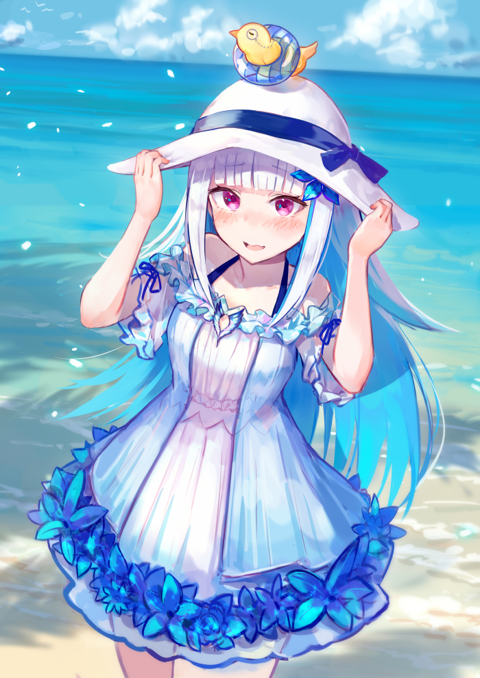 1girl animal arms_up bare_shoulders bird blue_dress blue_flower blue_sky brat breasts clouds cloudy_sky collarbone commentary_request day dress flower frilled_dress frills hands_on_headwear hat horizon innertube lize_helesta nijisanji ocean off-shoulder_dress off_shoulder outdoors sebastian_piyodore see-through see-through_sleeves short_sleeves sky small_breasts standing sun_hat transparent virtual_youtuber water white_headwear