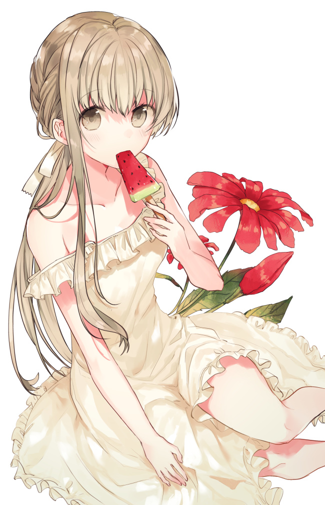 1girl bangs bare_arms bare_shoulders blush brown_dress brown_eyes brown_hair collarbone commentary_request dress eyebrows_visible_through_hair feet_out_of_frame flower food hair_between_eyes holding holding_food kazutake_hazano long_hair looking_at_viewer popsicle red_flower shiro_seijo_to_kuro_bokushi sidelocks simple_background sitting sleeveless sleeveless_dress solo very_long_hair watermelon_bar white_background