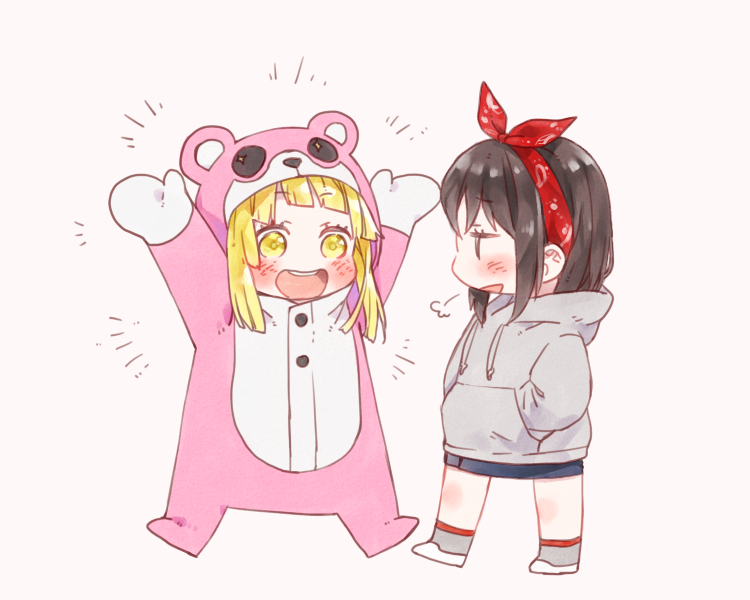 2girls :d =3 \o/ animal_costume arms_up bang_dream! bear_costume bear_hood blush chibi cosplay full_body grey_hoodie hair_ribbon hairband hands_in_pockets hood hood_down hood_up kamesuke_(turtle0124) kigurumi michelle_(bang_dream!) michelle_(bang_dream!)_(cosplay) multiple_girls okusawa_misaki open_mouth outstretched_arms red_bandana ribbon simple_background smile standing tsurumaki_kokoro