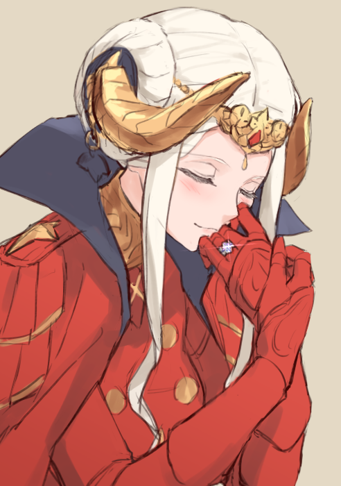 1girl blonde_hair cape closed_eyes closed_mouth crown cute dress edelgard_von_hresvelg fire_emblem fire_emblem:_three_houses fire_emblem:_three_houses fire_emblem_16 glint gloves hair_ornament horn horns intelligent_systems jewelry kisetsu long_hair nintendo red_cape red_gloves ring simple_background solo upper_body wedding_ring white_hair young_adult