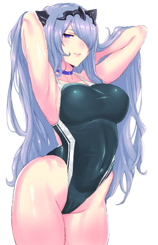 1girl armpits arms_up blush breasts camilla_(fire_emblem) choker competition_swimsuit covered_navel cowboy_shot fire_emblem groin hair_ornament hair_over_one_eye half-closed_eyes highleg highleg_swimsuit long_hair one-piece_swimsuit panzer purple_hair simple_background smile solo swimsuit violet_eyes white_background