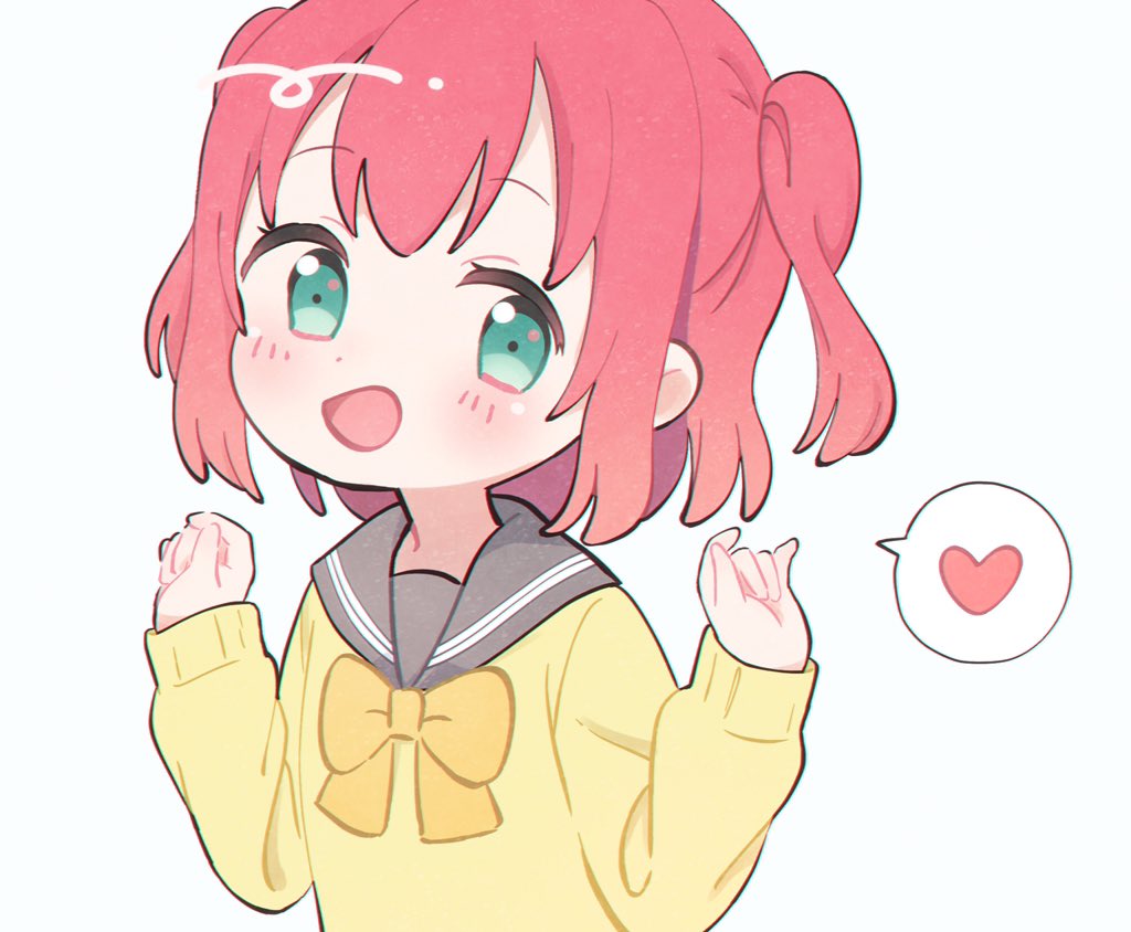 1girl :d aqua_eyes bangs blush bow bowtie clenched_hands commentary_request cosplay hands_up heart kunikida_hanamaru kunikida_hanamaru_(cosplay) kurosawa_ruby long_sleeves love_live! love_live!_sunshine!! open_mouth redhead short_hair smile solo spoken_heart two_side_up upper_body white_background yashino_84 yellow_cardigan yellow_neckwear