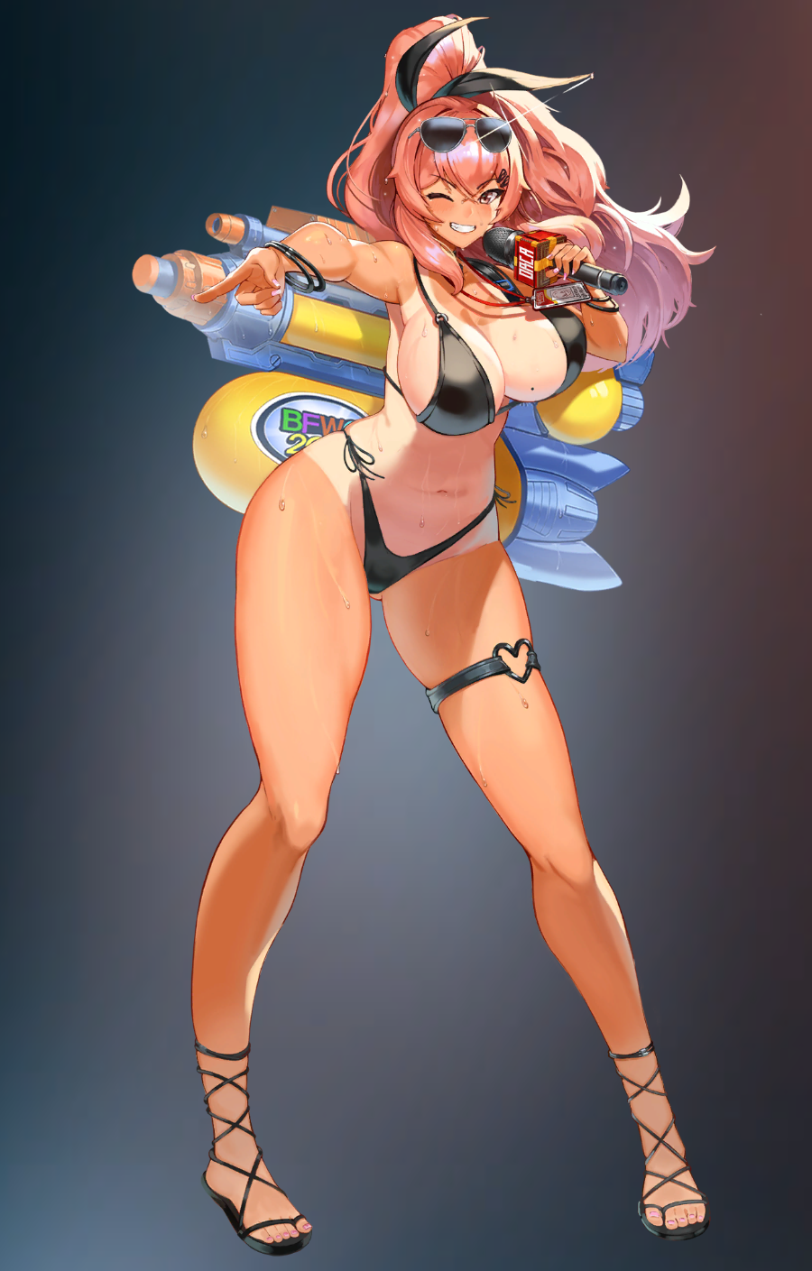 1girl a-14b_spriggan_(last_origin) bikini black_bikini breasts highres large_breasts last_origin long_hair looking_at_viewer microphone missile mr.yun navel official_art one-piece_tan one_eye_closed pink_hair pointing ponytail shoes simple_background sunglasses swimsuit tan tanline thigh_strap water_gun