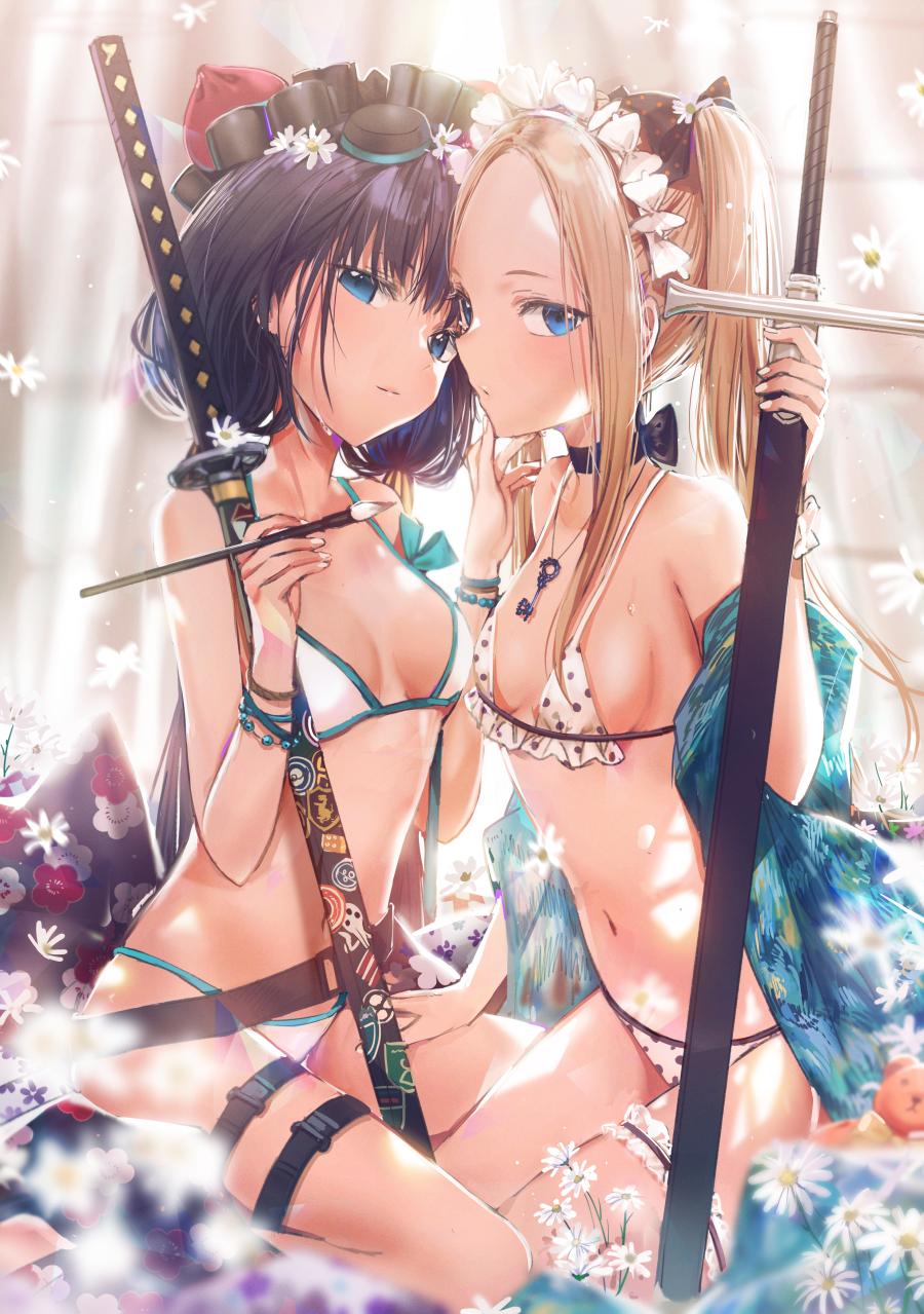 2girls abigail_williams_(fate/grand_order) bare_shoulders bikini black_bow blonde_hair blue_eyes blurry blurry_foreground bow breasts closed_mouth commentary dangmill depth_of_field fate/grand_order fate_(series) floral_print flower hair_bow hair_flower hair_ornament hand_on_another's_thigh highres holding holding_sheath katana katsushika_hokusai_(fate/grand_order) long_hair looking_at_viewer multiple_girls navel polka_dot polka_dot_bikini polka_dot_bow seiza sheath sheathed shoes sitting small_breasts stuffed_animal stuffed_toy swimsuit sword symbol_commentary teddy_bear twintails weapon white_bikini white_flower