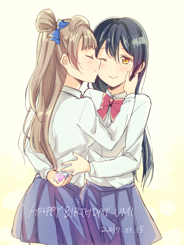2girls arm_behind_back bangs blue_hair bow bowtie brown_eyes closed_eyes closed_mouth commentary_request eyebrows_visible_through_hair hair_between_eyes hand_on_another's_cheek hand_on_another's_face long_hair long_sleeves looking_at_another love_live! love_live!_school_idol_project mechiko_(mmttkknn) minami_kotori multiple_girls one_eye_closed one_side_up otonokizaka_school_uniform red_neckwear school_uniform shirt simple_background smile sonoda_umi white_shirt yellow_eyes yuri