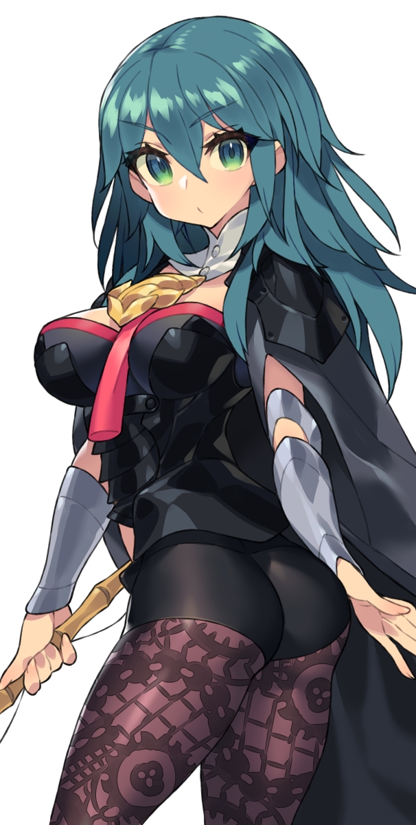 1girl arm_guards armor ass black_cape black_shorts blue_eyes blue_hair breasts byleth_(fire_emblem) byleth_eisner_(female) cape collar eyebrows_visible_through_hair fire_emblem fire_emblem:_three_houses fishing_rod gradient_eyes highres holding holding_fishing_rod itsumo_nokoru large_breasts legwear_under_shorts long_hair looking_at_viewer looking_back multicolored multicolored_eyes pantyhose shorts shoulder_armor simple_background solo white_background