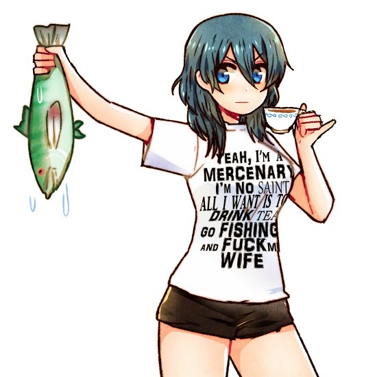 1girl blue_eyes blue_hair byleth_(fire_emblem) byleth_eisner_(female) clothes_writing commentary cup dripping english_text fire_emblem fire_emblem:_three_houses fish holding_fish kataro long_hair pinky_out profanity shirt shorts simple_background solo t-shirt teacup white_shirt