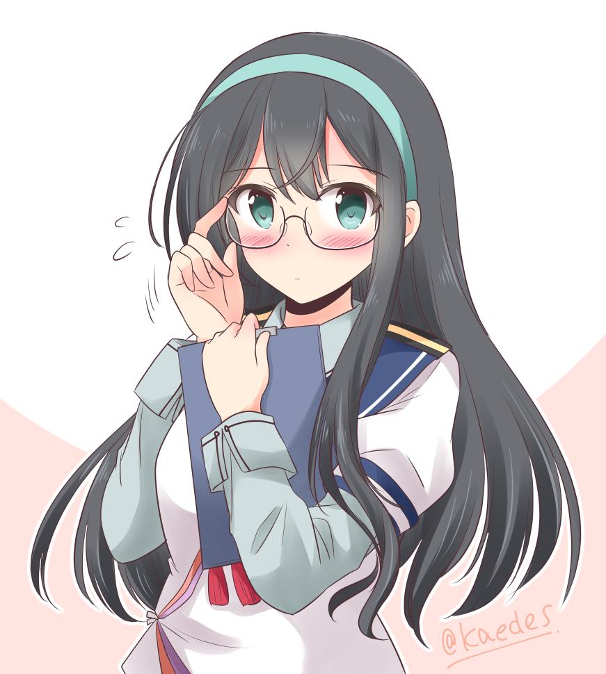 1girl adjusting_eyewear black_hair blue_sailor_collar flying_sweatdrops green_eyes green_hairband hairband icesherbet kantai_collection long_hair looking_at_viewer neckerchief ooyodo_(kantai_collection) red_neckwear sailor_collar sailor_shirt school_uniform semi-rimless_eyewear serafuku shirt solo twitter_username two-tone_background under-rim_eyewear upper_body white_background