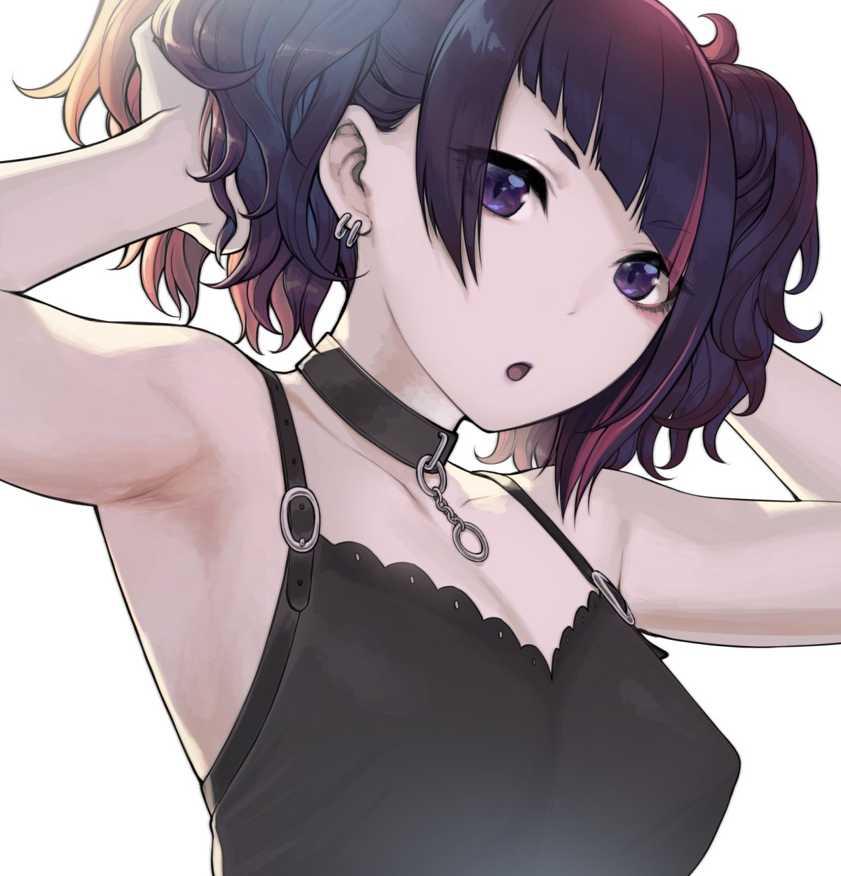 1girl armpits bangs bare_arms bare_shoulders black_camisole black_choker breasts camisole choker collarbone diagonal_bangs earrings eyebrows_visible_through_hair hands_in_hair hands_up highres idolmaster idolmaster_shiny_colors jewelry looking_at_viewer parted_lips purple_hair sidelocks simple_background small_breasts solo sunaba_suzume tanaka_mamimi twintails upper_body violet_eyes white_background