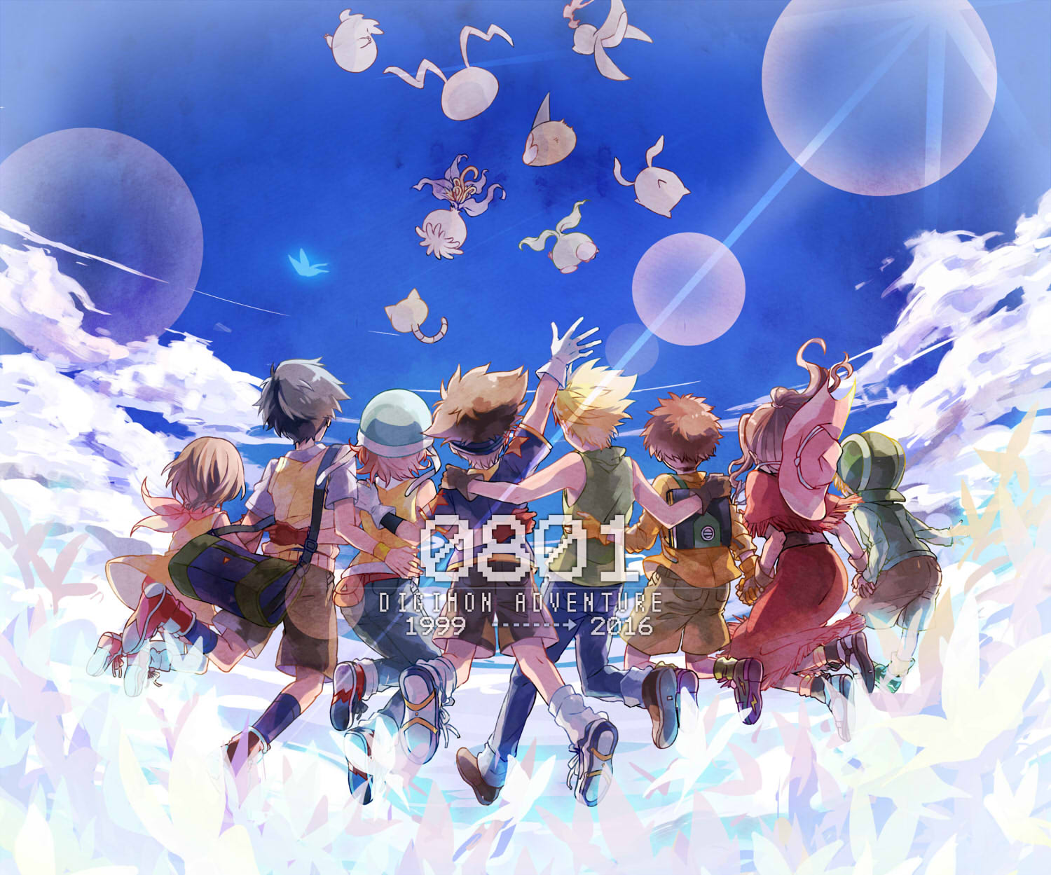 3girls 5boys blonde_hair blue_hair brown_hair commentary_request digimon digimon_adventure dress gloves hat highres ishida_yamato izumi_koushirou kido_jou konagonana koromon long_hair multiple_boys multiple_girls shirt short_hair shorts tachikawa_mimi takaishi_takeru takenouchi_sora yagami_hikari yagami_taichi