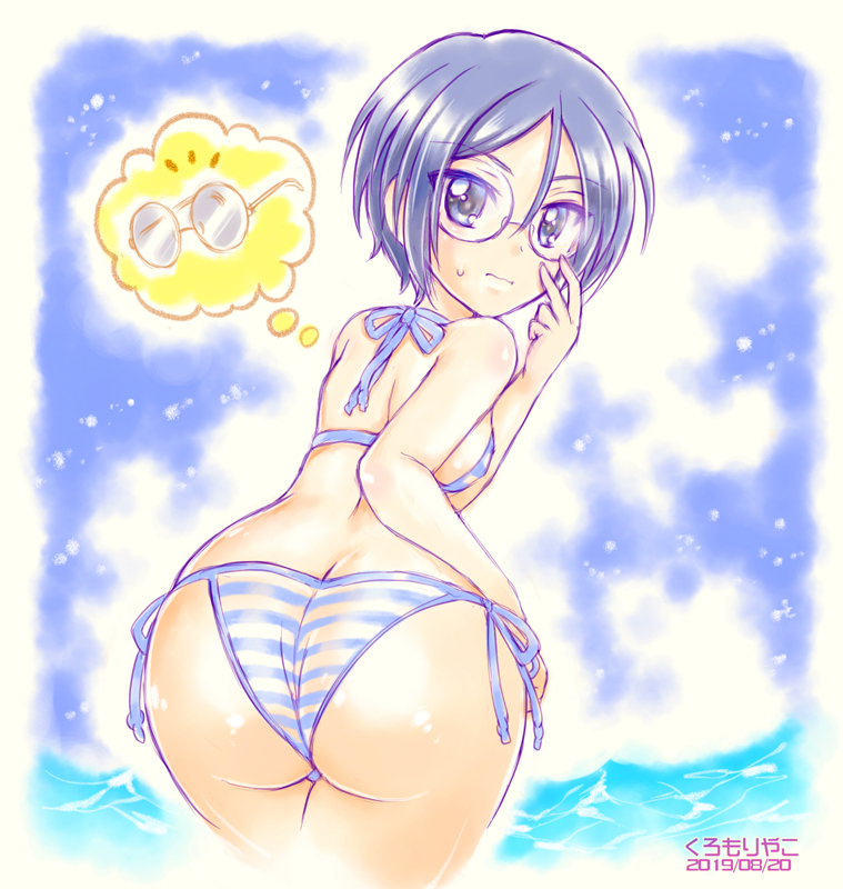 1girl ass bikini black_hair blue_eyes blush breasts burafu butt_crack closed_mouth clouds dated eyebrows_visible_through_hair girls_und_panzer glasses looking_at_viewer looking_back ocean outdoors rumi_(girls_und_panzer) shiny shiny_hair shiny_skin short_hair side-tie_bikini sky small_breasts solo striped striped_bikini swimsuit swimwear