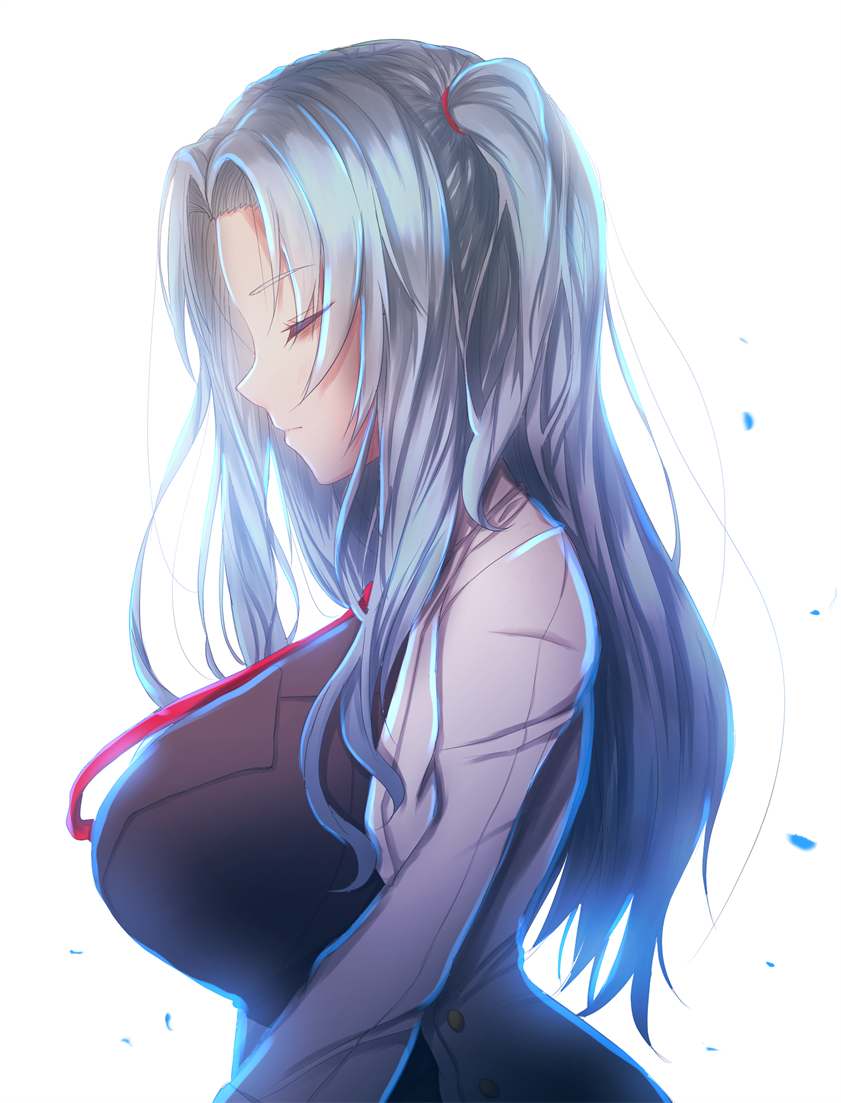 1girl angela_(lobotomy_corporation) breasts closed_eyes closed_mouth coat eyebrows_visible_through_hair eyes_visible_through_hair from_side hair_intakes labcoat large_breasts lobotomy_corporation long_hair long_sleeves necktie nidaime_(doronbo) one_side_up open_clothes open_coat red_neckwear silver_hair simple_background solo white_background white_coat