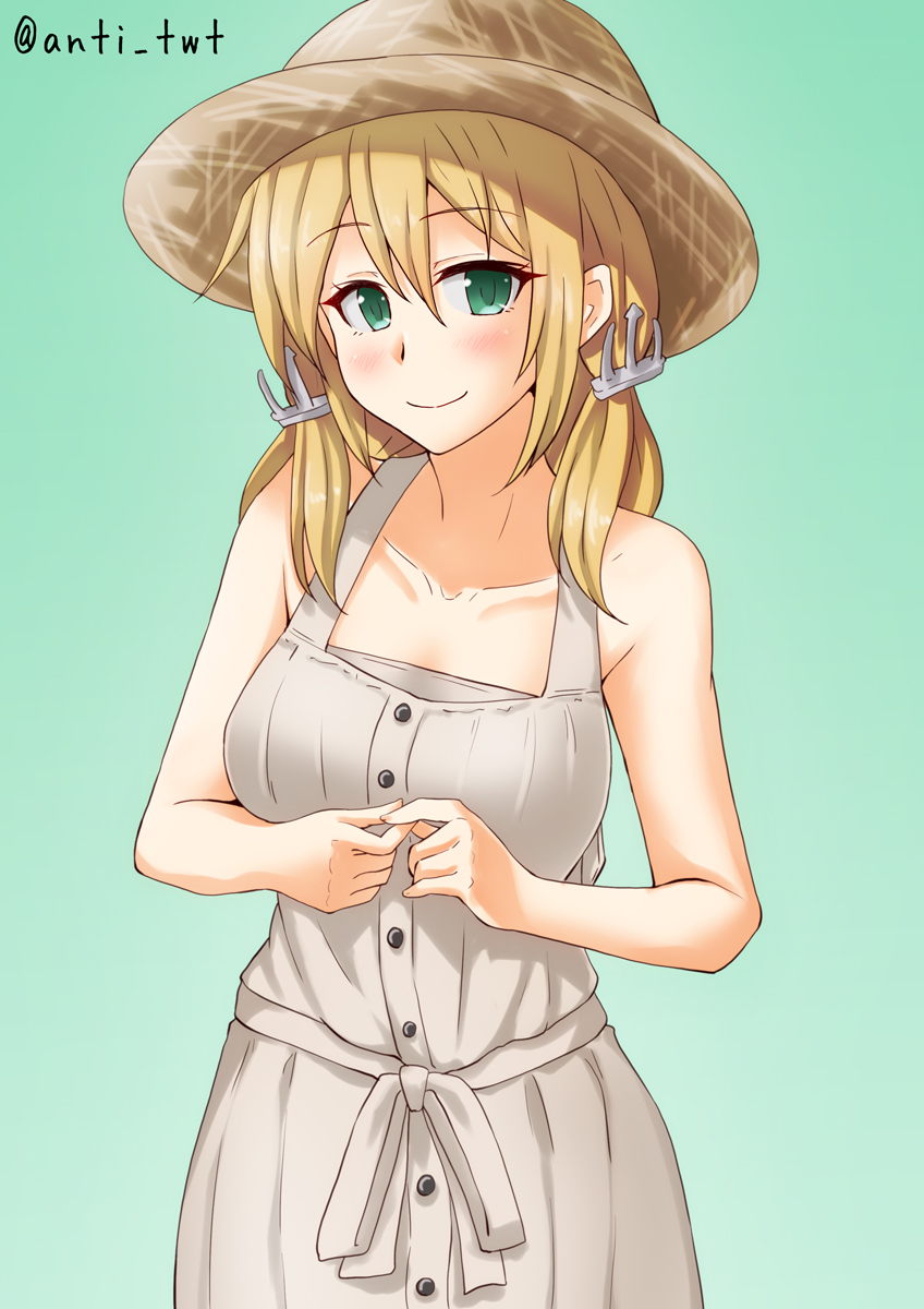 1girl alternate_costume anchor_hair_ornament anti_(untea9) blonde_hair commentary_request cowboy_shot dress gradient gradient_background green_background green_eyes hair_ornament hat highres kantai_collection looking_at_viewer prinz_eugen_(kantai_collection) sleeveless sleeveless_dress smile solo straw_hat sun_hat sundress twintails twitter_username white_dress