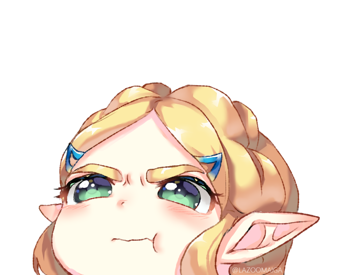 1girl :t angry_dog_noises blush braid commentary face green_eyes hair_ornament hairclip lazoomaiga mixed-language_commentary pointy_ears princess_zelda short_hair sidelocks solo the_legend_of_zelda the_legend_of_zelda:_breath_of_the_wild the_legend_of_zelda:_breath_of_the_wild_2 thick_eyebrows transparent_background twitter_username v-shaped_eyebrows wavy_mouth