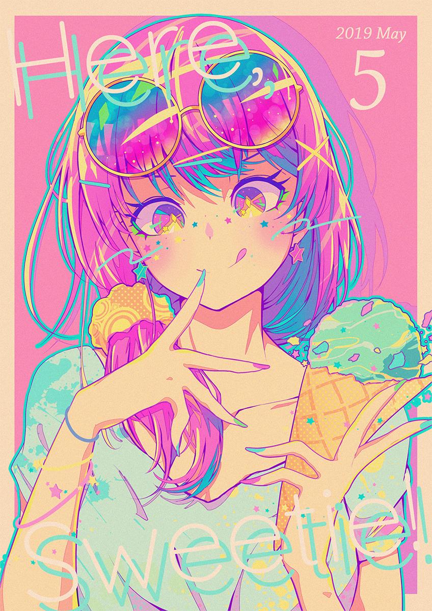 1girl aqua_nails aqua_shirt bangs berryverrine blue_nails blue_shirt blush bracelet collarbone eyewear_on_head finger_to_mouth fingernails food glasses hair_between_eyes hair_tie hand_on_own_face happy highres holding holding_food ice_cream ice_cream_cone jewelry looking_at_viewer medium_hair multicolored multicolored_nails nail_polish neon_palette original pink_background pink_eyes pink_hair pink_nails round_eyewear scrunchie shirt side_ponytail simple_background smile solo star tongue tongue_out upper_body