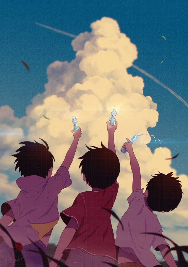 3boys arm_up black_hair blue_sky bottle bug child clouds commentary_request condensation_trail from_behind holding holding_bottle hood hood_down insect jacket ladybug leaf male_focus multiple_boys noeyebrow_(mauve) open_clothes open_jacket original outdoors ramune red_shirt shirt short_sleeves signature sky summer white_jacket white_shirt wind