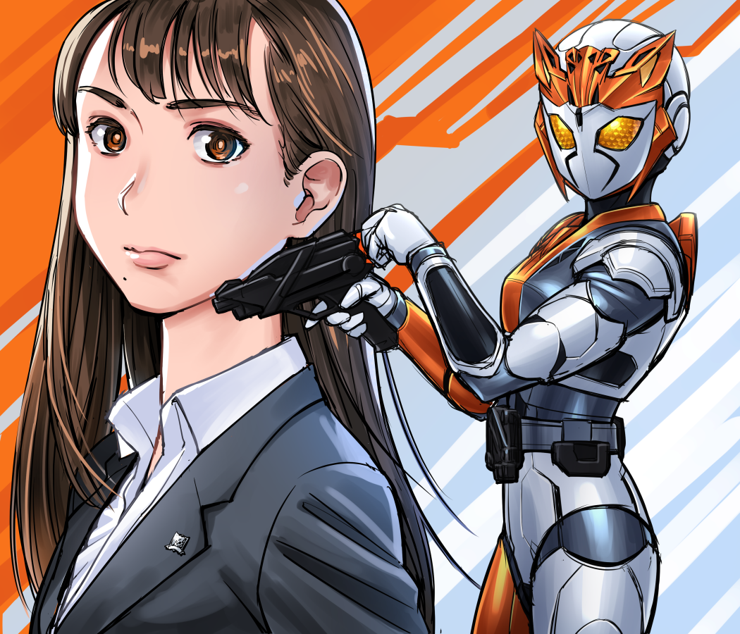 1girl armor belt brown_eyes brown_hair commentary_request dual_persona formal gun kamen_rider kamen_rider_01_(series) kamen_rider_valkyrie mole mole_under_mouth onigiri_jou rushing_cheetah shot_riser suit weapon yaiba_yua