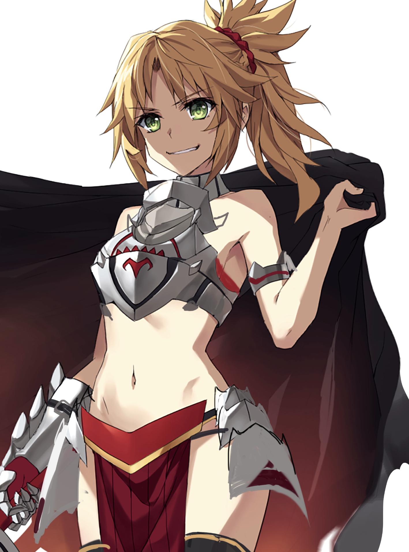 1girl bangs bare_shoulders blonde_hair braid breastplate breasts cloak_removed collar fate/apocrypha fate_(series) faulds french_braid green_eyes grin hair_ornament hair_scrunchie highres long_hair looking_at_viewer metal_collar mordred_(fate) mordred_(fate)_(all) navel parted_bangs pelvic_curtain ponytail red_scrunchie scrunchie sidelocks simple_background small_breasts smile solo thighs tonee white_background