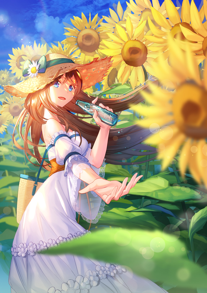 1girl basket blue_eyes blue_sky bottle bow breasts brown_hair day dress flower hat hat_bow hat_flower large_breasts long_hair mt_(ringofive) off-shoulder_shirt off_shoulder original outstretched_hand shirt sky straw_hat summer sun_hat sundress sunflower white_dress