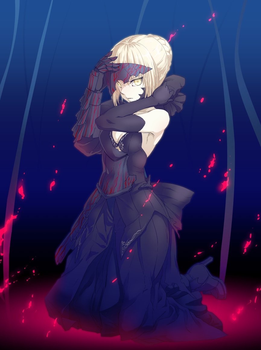 1girl armor armored_boots artoria_pendragon_(all) bangs bare_shoulders black_dress black_gloves blonde_hair boots broken_armor dress elbow_gloves fate/stay_night fate_(series) gloves greaves headwear_removed helmet helmet_removed high_heels kneeling looking_at_viewer pale_skin parted_lips saber_alter sjw_kazuya sleeveless sleeveless_dress solo yellow_eyes