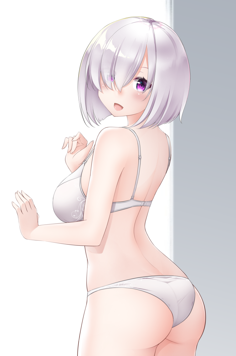 1girl :d alternate_hair_color ass bangs bare_arms bare_shoulders bra breasts commentary_request fate/grand_order fate_(series) grey_background hair_over_one_eye hand_up kirigakure_(kirigakure_tantei_jimusho) large_breasts mash_kyrielight open_mouth panties silver_hair smile solo two-tone_background underwear underwear_only violet_eyes white_background white_bra white_panties