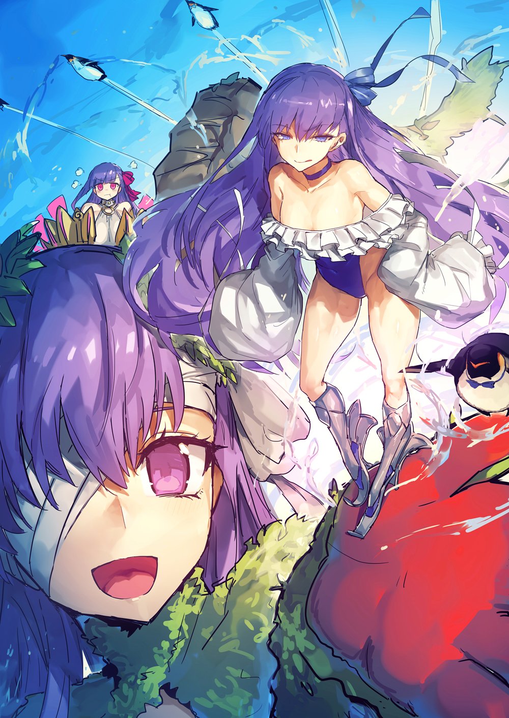 3girls bandage_over_one_eye bird blue_eyes breasts choker claws covered_navel fate/grand_order fate_(series) giantess hair_ribbon highres horns jealous kingprotea melon22 meltryllis meltryllis_(swimsuit_lancer)_(fate) multiple_girls passion_lip penguin pink_eyes pout purple_hair ribbon sleeves_past_fingers sleeves_past_wrists small_breasts violet_eyes