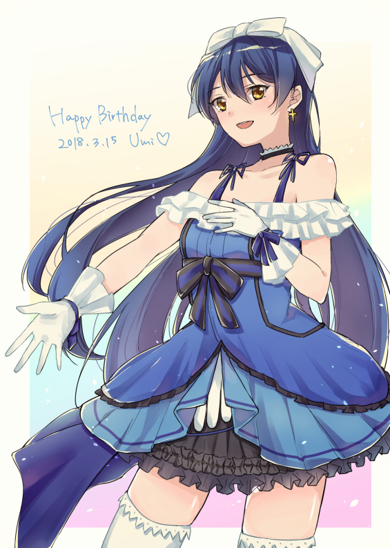 1girl bangs bare_shoulders birthday blue_dress blue_hair bow character_name choker collarbone commentary_request dated dress earrings english_text eyebrows_visible_through_hair gloves hair_between_eyes hair_bow hair_ornament happy_birthday jewelry kira-kira_sensation! long_hair looking_at_viewer love_live! love_live!_school_idol_project mechiko_(mmttkknn) simple_background smile solo sonoda_umi standing thigh-highs white_gloves white_legwear yellow_eyes