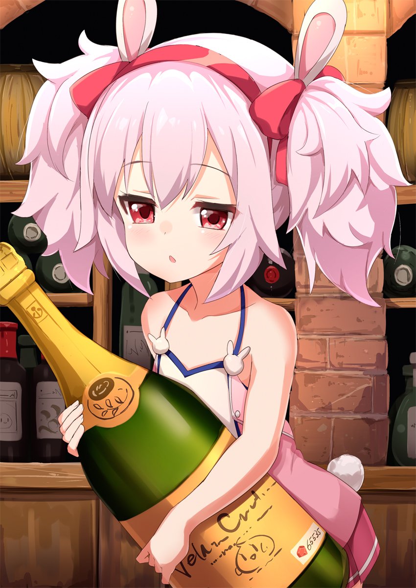 1girl adapted_costume ame. animal_ears azur_lane bare_arms bare_shoulders blush bottle bow brick_wall bunny_girl bunny_tail camisole collarbone commentary_request hair_bow hairband highres indoors laffey_(azur_lane) looking_away object_hug oversized_object parted_lips pink_hair pleated_skirt rabbit_ears red_bow red_eyes red_hairband red_skirt short_hair skirt solo tail twintails white_camisole wine_bottle