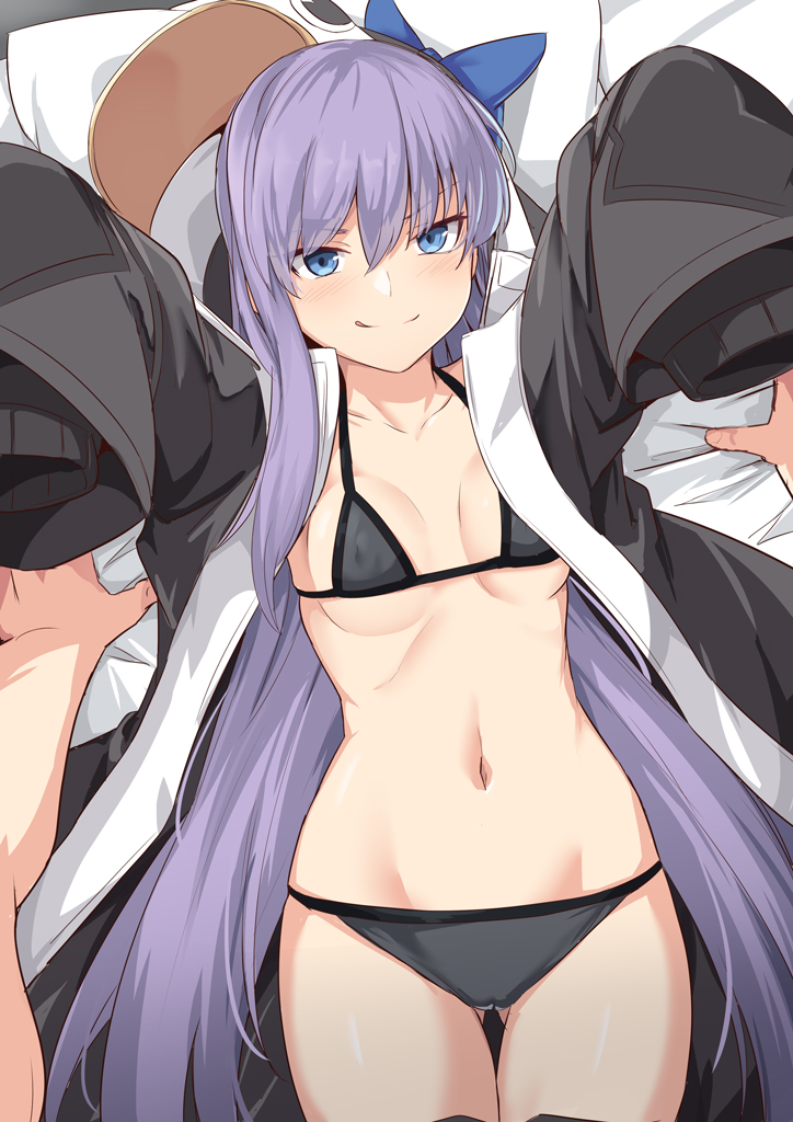 1girl animal_costume bangs bikini black_bikini black_jacket blue_bow blue_eyes bow collarbone commentary_request eyebrows_visible_through_hair fate/grand_order fate_(series) jacket long_hair looking_at_viewer meltryllis meltryllis_(swimsuit_lancer)_(fate) navel penguin_costume purple_hair shiseki_hirame sleeves_past_fingers sleeves_past_wrists solo_focus swimsuit tongue tongue_out very_long_hair white_jacket white_pillow