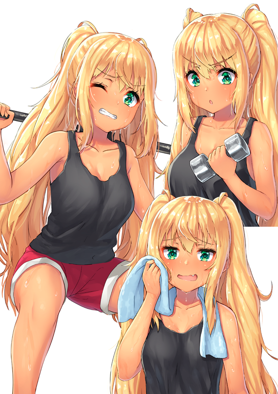 1girl black_tank_top breasts commentary_request danberu_nan_kiro_moteru? dumbbell exercise fang green_eyes hair_between_eyes long_hair multiple_views one_eye_closed partial_commentary pensuke red_shorts sakura_hibiki_(danberu_nan_kiro_moteru?) shorts sweat tan tank_top towel towel_around_neck twintails white_background