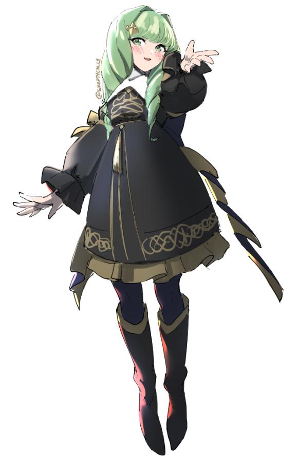 1girl artist_name blush boots bow dress drill_hair fire_emblem fire_emblem:_three_houses flayn_(fire_emblem) full_body green_eyes green_hair hair_ornament hairclip long_hair open_mouth skeptycally solo white_background