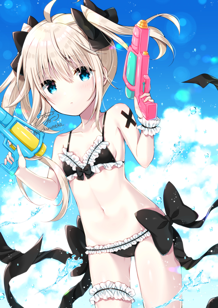 1girl ahoge asymmetrical_hair bangs bikini black_bikini black_bow blonde_hair blue_eyes blue_sky blush bow bow_bikini closed_mouth clouds cloudy_sky commentary_request day eyebrows_visible_through_hair frilled_bikini frills hair_between_eyes hair_bow holding leg_garter long_hair looking_at_viewer navel original outdoors signature single_wrist_cuff sky solo swimsuit tia-chan twintails twitter_username uchuuneko uneven_twintails very_long_hair water water_gun wrist_cuffs