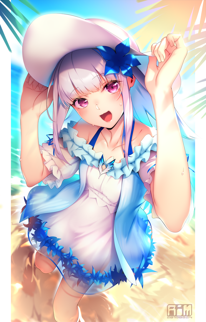 1girl bangs beach blue_hair blue_sky blunt_bangs blush breasts collarbone day dress flower hair_flower hair_ornament hat lize_helesta long_hair looking_at_viewer multicolored_hair nijisanji ocean open_mouth outdoors ryuji_(ikeriu) sand see-through_sleeves sidelocks sky smile solo sun_hat two-tone_hair violet_eyes virtual_youtuber wading white_hair white_headwear