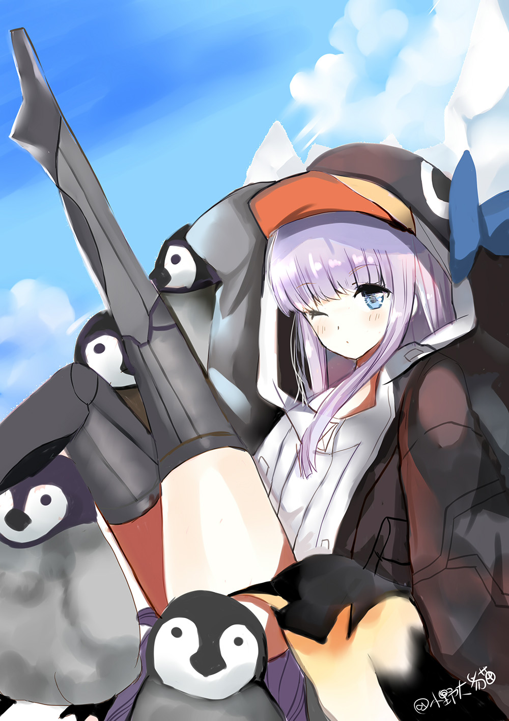1girl animal_hood bangs black_jacket blue_bow blue_eyes blue_sky blush bow closed_mouth clouds commentary_request day eyebrows_visible_through_hair fate/grand_order fate_(series) highres hood hood_up hooded_jacket jacket knee_up leg_up long_hair lunacats meltryllis meltryllis_(swimsuit_lancer)_(fate) one_eye_closed outdoors penguin_hood purple_hair sidelocks sky solo twitter_username